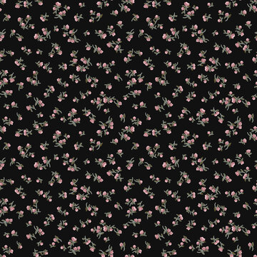 Seamless pattern with small pink flowers on a black background, delicate floral print for fabric, wallpaper, or wrapping paper design