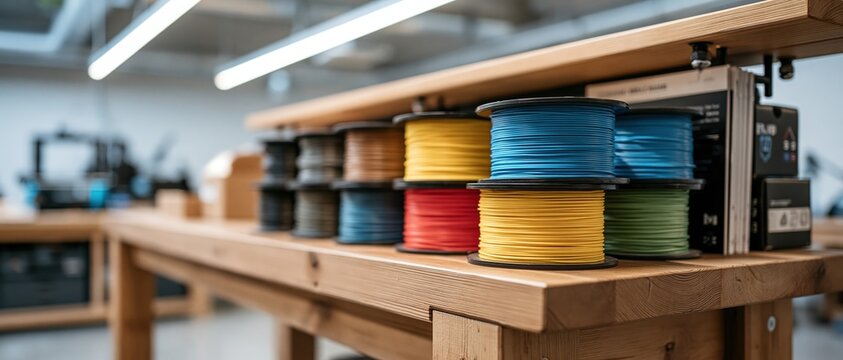 Creative innovation hub stocked with vibrant PLA filament spools in blue, red, yellow, green arranged on wooden shelving. Ideal for additive manufacturing, STEM education, and digital.