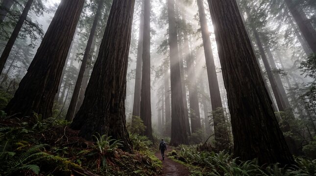 Hiker Walking Through Misty Giant Redwood Forest with Sunbeams