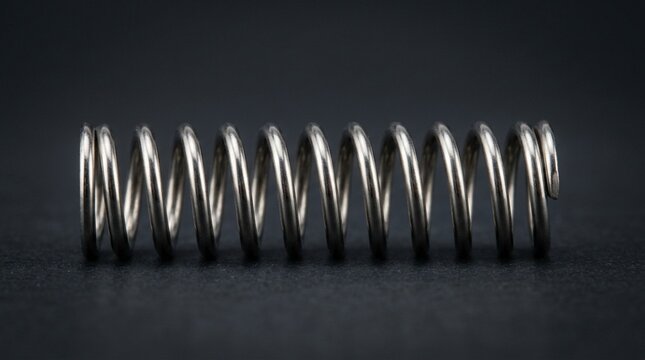 Metal coil spring, close-up on dark background, industrial component