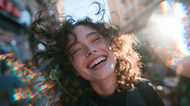Joyful Young Woman Laughing Outdoors with Windblown Curly Hair
