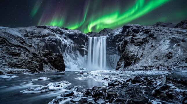Aurora Borealis Over Frozen Waterfall in Winter Iceland