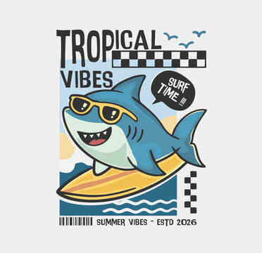 Cute tropical summer shark surfing on a colorful surfboard with playful hand drawn beach typography, vector illustration