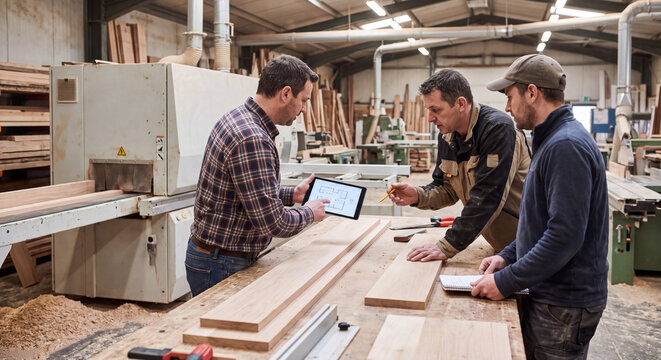 A team of three professional carpenters in a joinery workshop collaborates over wooden planks while checking blueprints and project data on a tablet.