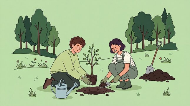 Young Volunteers Planting Tree in Park Illustration
