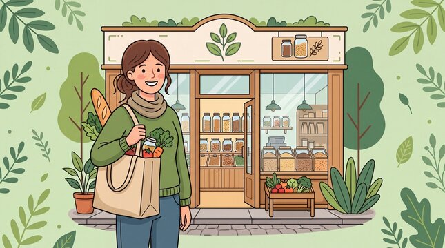 Woman Holding Reusable Bag Outside Zero Waste Grocery Store