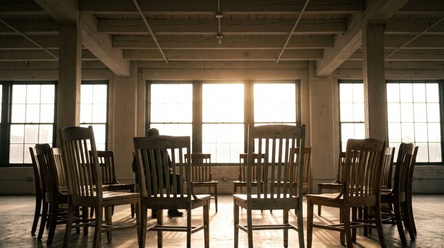 Circle of wooden chairs in spacious loft with sunlight streaming through large windows
