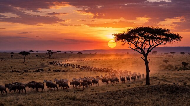 Wildebeest Herd Migrating Across African Savanna at Sunset