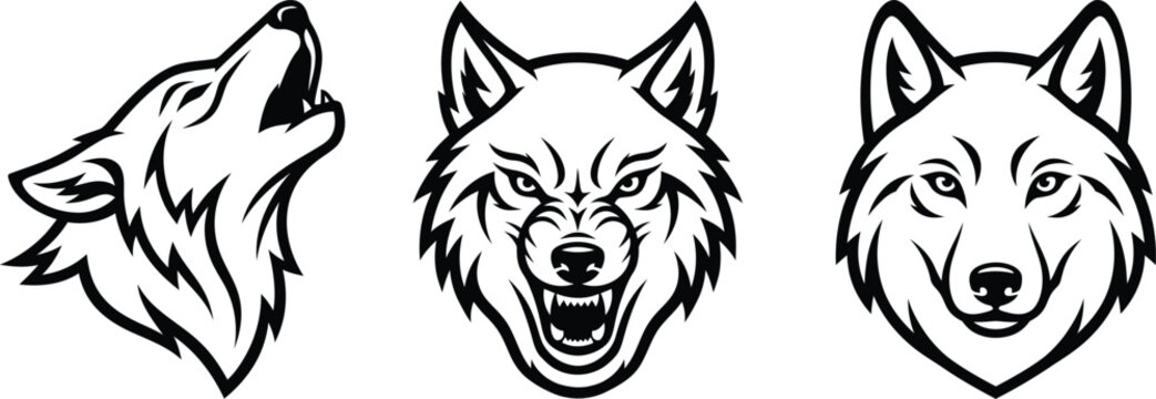 Set of three black and white wolf head illustrations