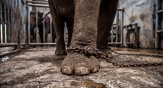 Close up of a captive elephants foot bound by heavy metal chains standing on a rough concrete floor in a dark enclosure.