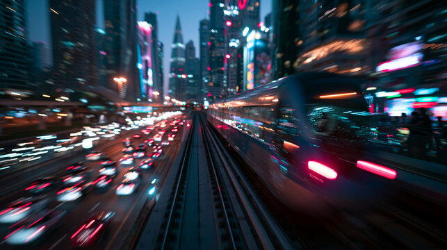 Modern High Speed Metro Train Moving in City at Night