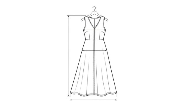A-Line Maxi Dress Blueprint, 2D CAD Fashion Technical Drawing Vector Illustration