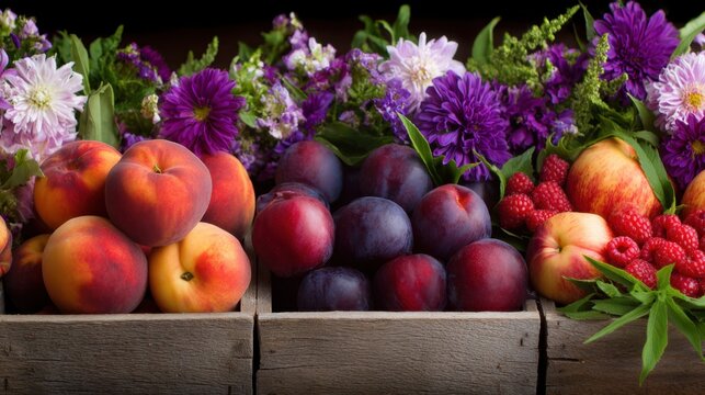 A vibrant display of peaches, plums, and raspberries surrounded by colorful flowers in wooden crates