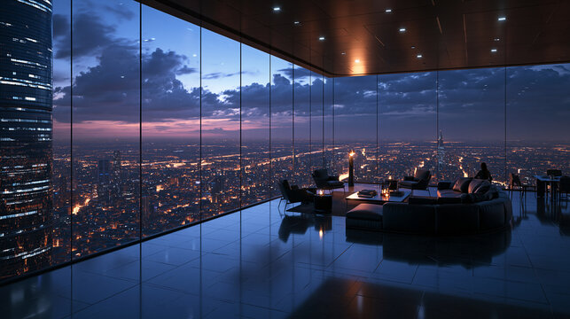 Luxury Penthouse Living Room Overlooking City Skyline at Night