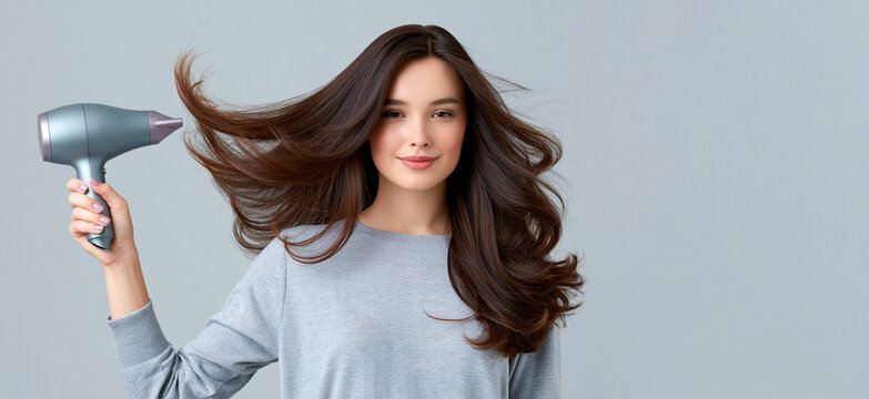 Young woman drying long brown hair with hair dryer, healthy shiny hairstyle flowing in air, beauty care and hair styling concept with copy space