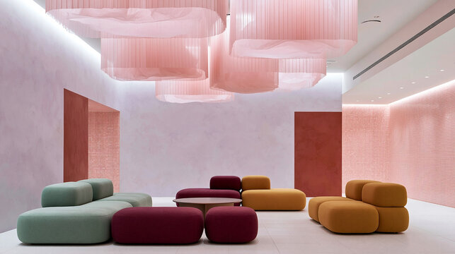 Modern pastel lounge interior with colorful curved sofas, pink sculptural ceiling lights and minimalist furniture in elegant contemporary architectural space