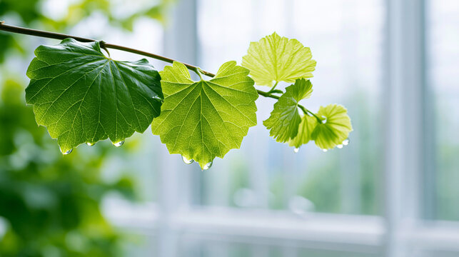 Fresh green grapevine leaves with water droplets on branch in bright natural light, spring growth and freshness concept with soft blurred background