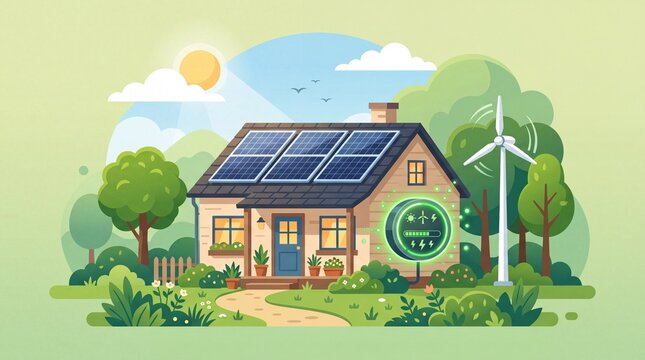 Smart Eco Friendly House with Solar Panels and Wind Turbine