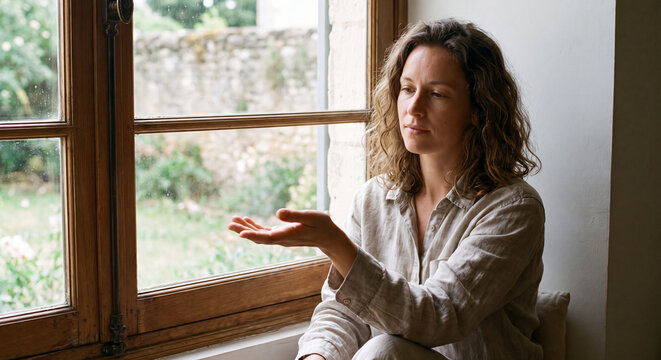A thoughtful young woman sitting beside a large wooden window looks aside while gesturing with an open palm during an indoor conversation
