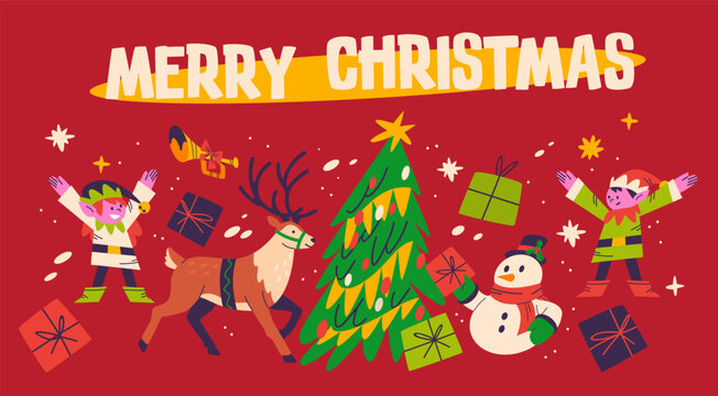 Festive Merry Christmas greeting red banner with decorated fir tree, reindeer, snowman, elves, and gift boxes