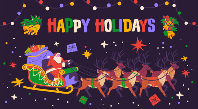 Santa Claus flying in sleigh pulled by reindeer team, vector illustration. Happy Holidays horizontal dark banner