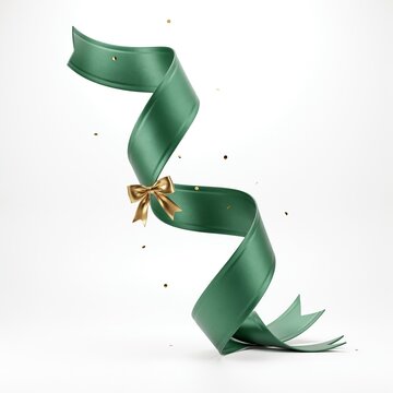 Elegant green fabric ribbon curl decorated with a small golden bow decorative ribbon holiday ribbo