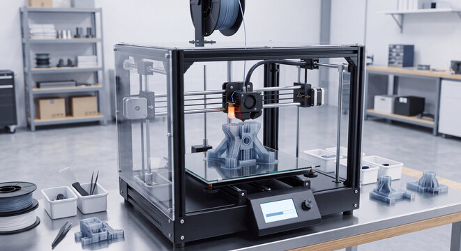 A professional desktop 3D printer manufactures an intricate grey plastic prototype inside an engineering workshop and modern laboratory