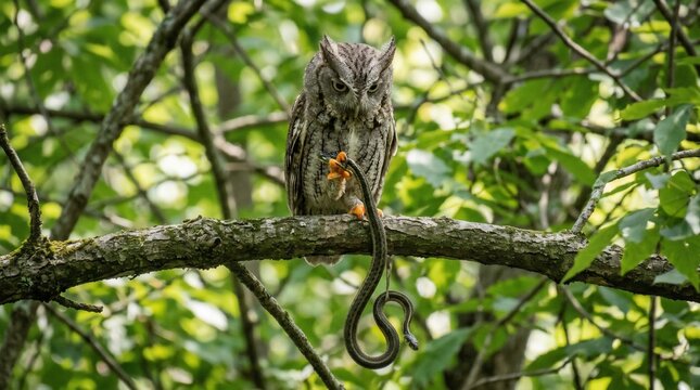 Owl catching snake