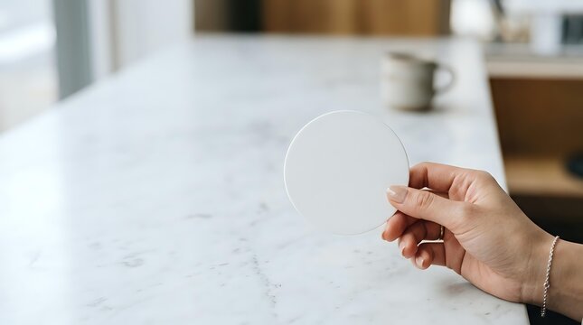 Cropped hand holding blank round white coaster or mockup disc