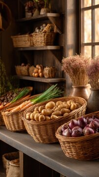 A rustic market scene displays baskets filled with fresh vegetables, herbs, and dried flowers