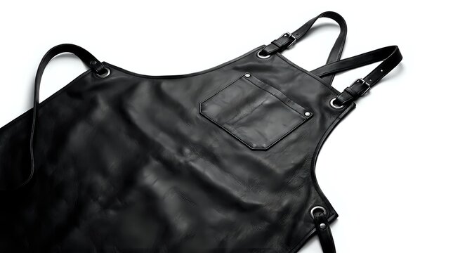 Black leather apron with adjustable straps and front pocket
