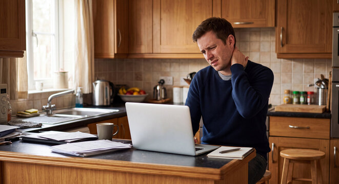 An adult man touching his painful stiff neck while sitting at a kitchen table working remotely on a laptop experiencing bad posture and ergonomic stress fatigue
