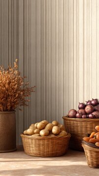 A warm and inviting scene showcasing woven baskets filled with various fresh vegetables