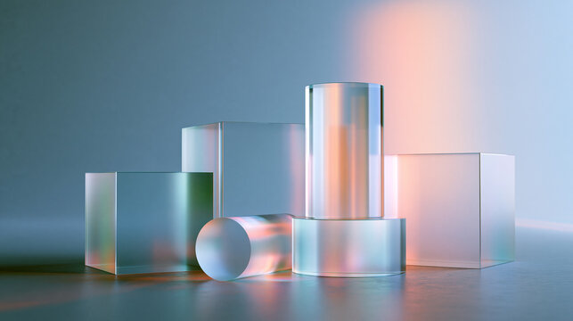 Minimalist 3D Abstract Geometric Acrylic Glass Shapes with Colorful Light Reflection