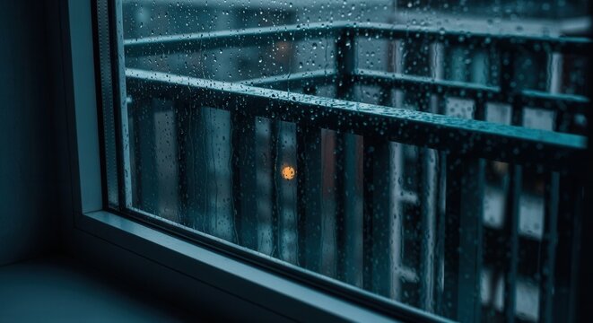 Rainy Window View With City Lights In The Distance And Balcony Railing