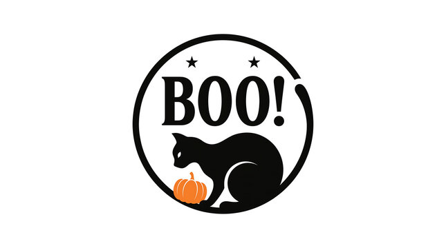 A circular black and white halloween graphic featuring a silhouette of a cat sitting next to a small orange pumpkin