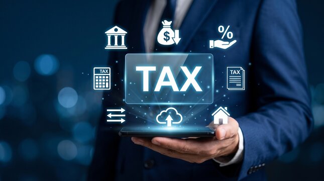 Businessman holding phone with tax icons with suit holds phone tax symbols man suit technology calculator percentage document finance with digital