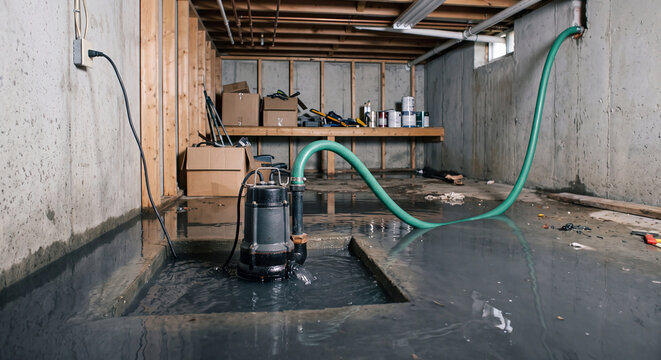 Electric submersible sump pump removing muddy water from a flooded concrete basement utility room after heavy storm water damage.