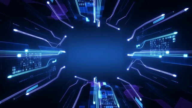 Blue Digital Circuit Tunnel With Glowing Lines and Abstract Technology Interface