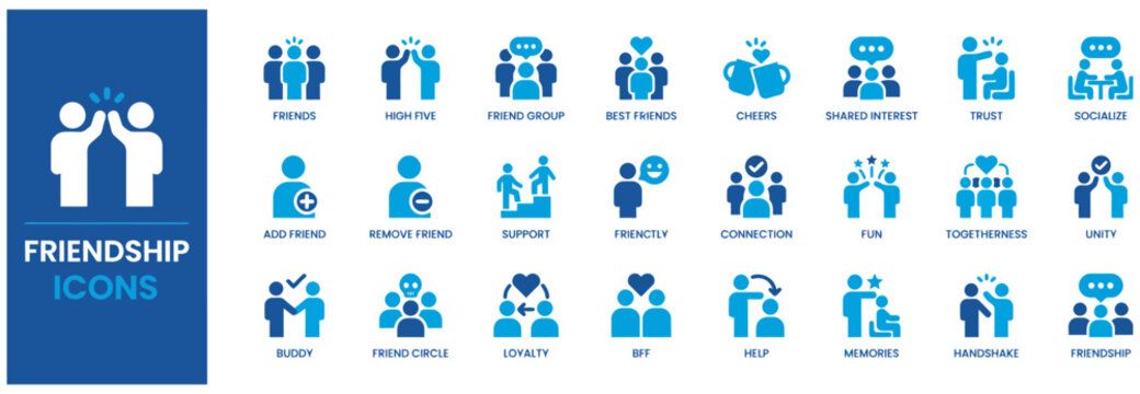 Friendship blue and white vector icon collection for social connections, community, and relationship concepts.