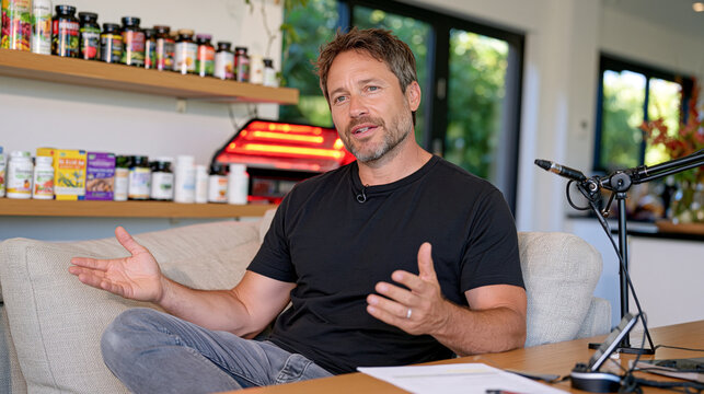 Biohacking coach demonstrates breathwork timing equipment in a warmly lit home studio, process in action, red light panel glowing behind, supplement bottles arranged on shelf, September wellness opt