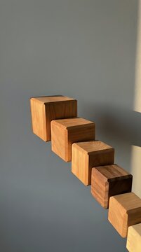 Wooden blocks in decreasing sizes arranged in a diagonal line on gray