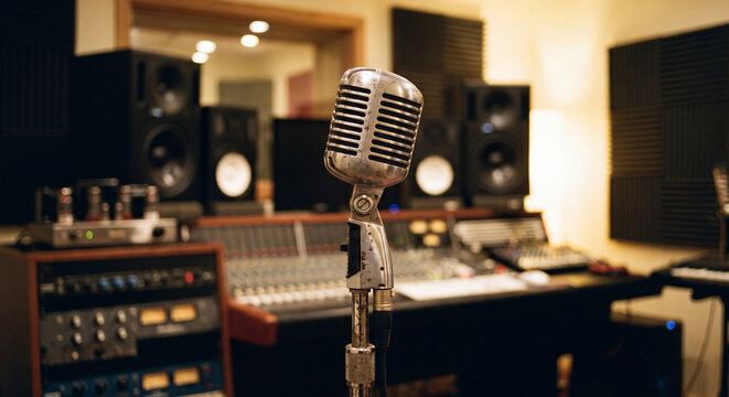 Close up of vintage studio ribbon microphone standing in music production recording studio with audio mixing console in background