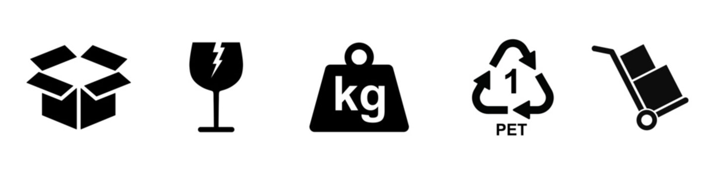 Set of essential packaging symbols including fragile carefully, net weight, food grade plastic, hand truck
