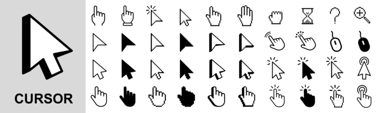 Click cursor set icon, arrow and hand pointer, pixelated computer cursor mouse forms - vector