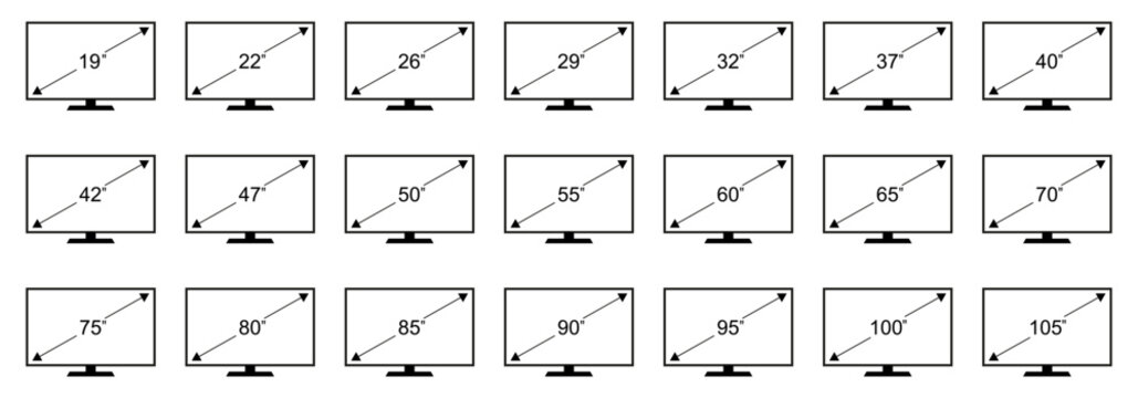 Smart TV screen size inches icon set: 19, 22, 26, 29, 32, 37, 40, 42, 47, 50, 55, 60, 65, 70, 75, 80, 85, 90, 95, 100, 105 label badge, flat symbol