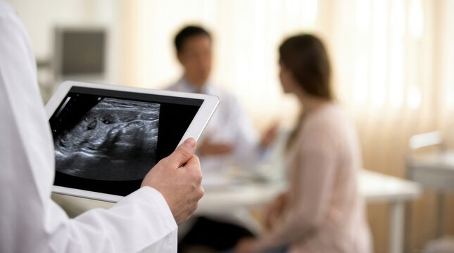Doctor holds tablet displaying ultrasound image during medical consultation with patient