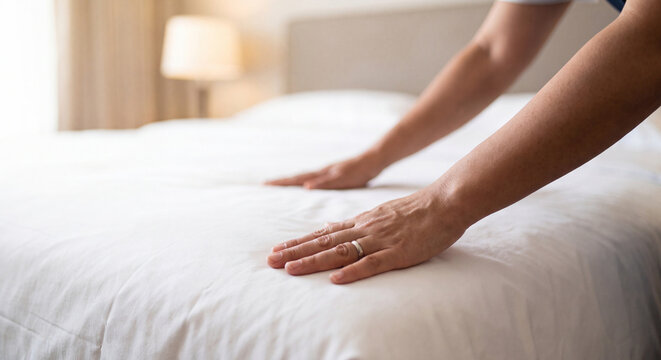 Close up view of female hands smoothing crisp clean white linen sheets on a comfortable bed in a bright and tidy luxury hotel room interior