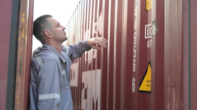 Male logistics worker sits sadly inside a shipping container while holding a tablet. Concept of stress, fatigue, workplace pressure, shipping operations, cargo transport, and supply chain work.