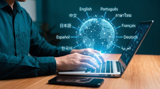 Man typing on laptop with global language connections with man types laptop hands keyboard communication multilingual translation technology